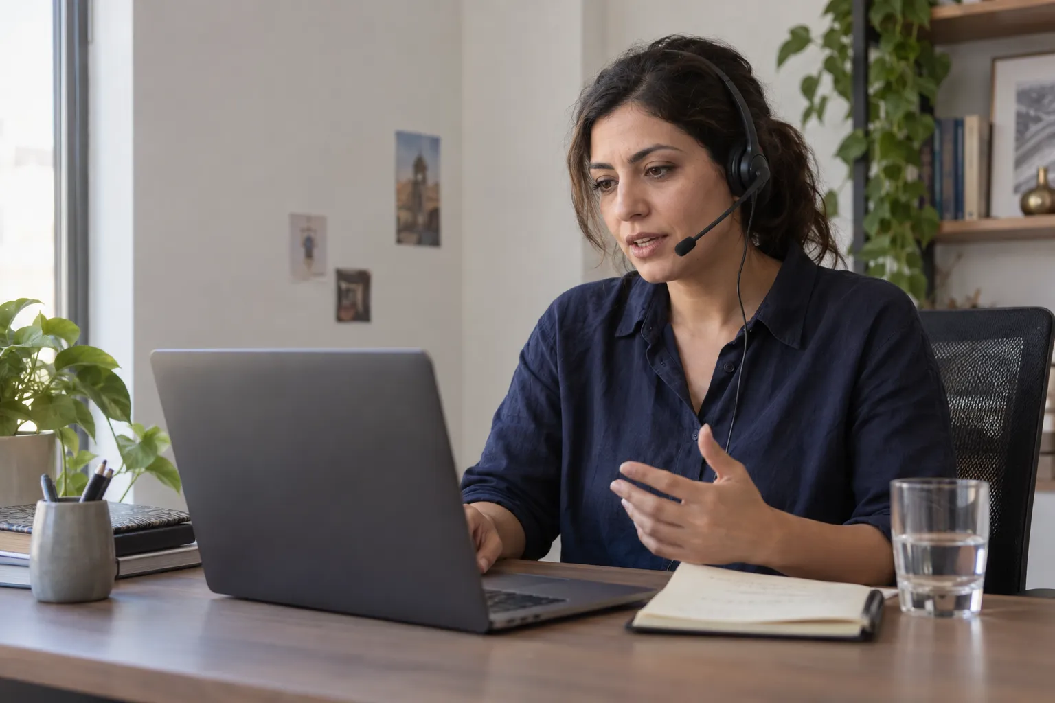Illustrative image: a person at a desk practising a call on a laptop, speaking into a headset.